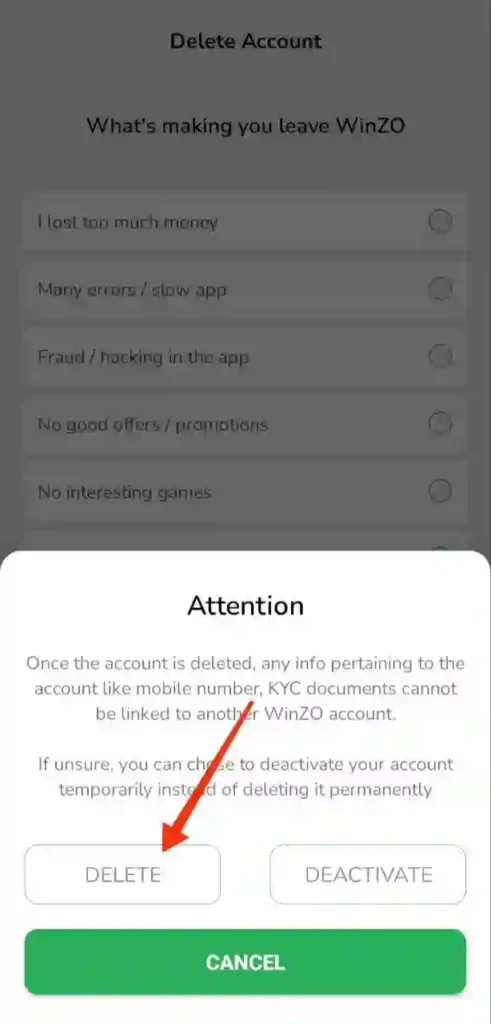 step 9 - winzo account delete kaise kare