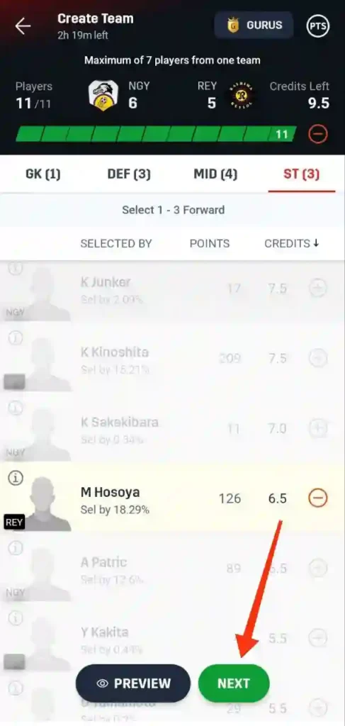 step 4 - dream11 me football team kaise banaye